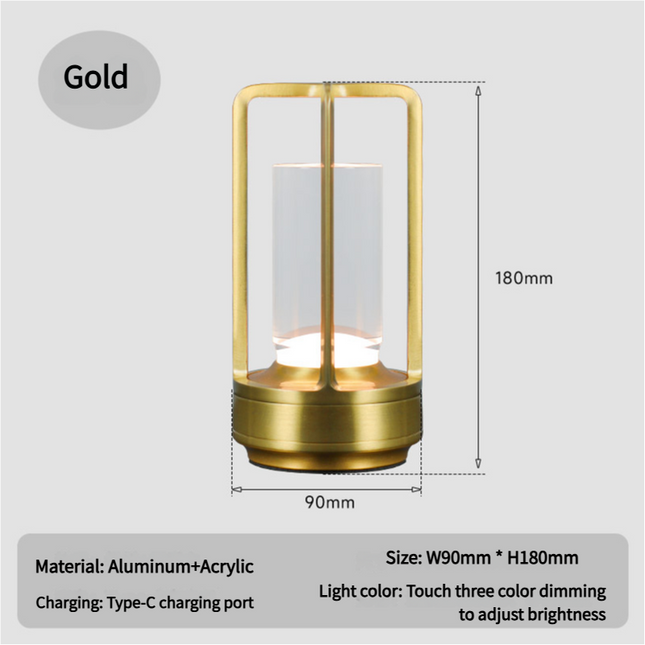 Gold Rechargeable Table Lamp - Touch Dimming 3-Color LED Light for Bedroom and Office.