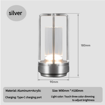 Silver Rechargeable Table Lamp - Touch Dimming 3-Color LED Light for Bedroom and Office.