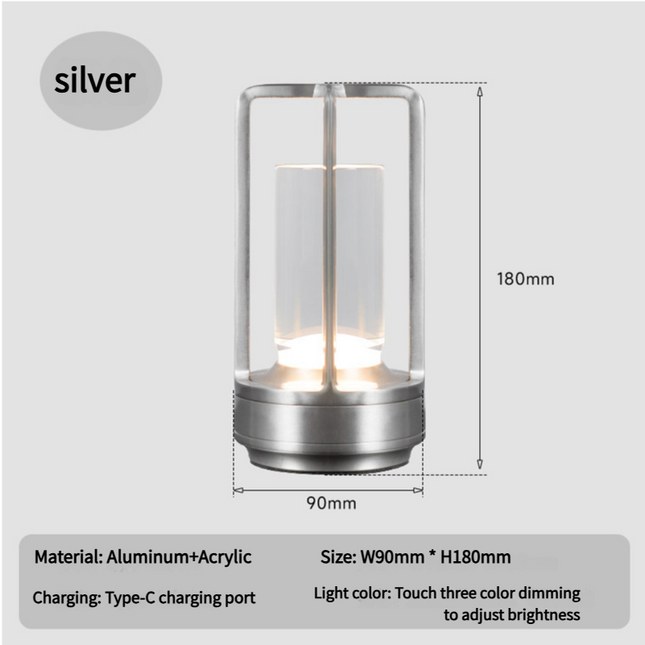 Silver Rechargeable Table Lamp - Touch Dimming 3-Color LED Light for Bedroom and Office.
