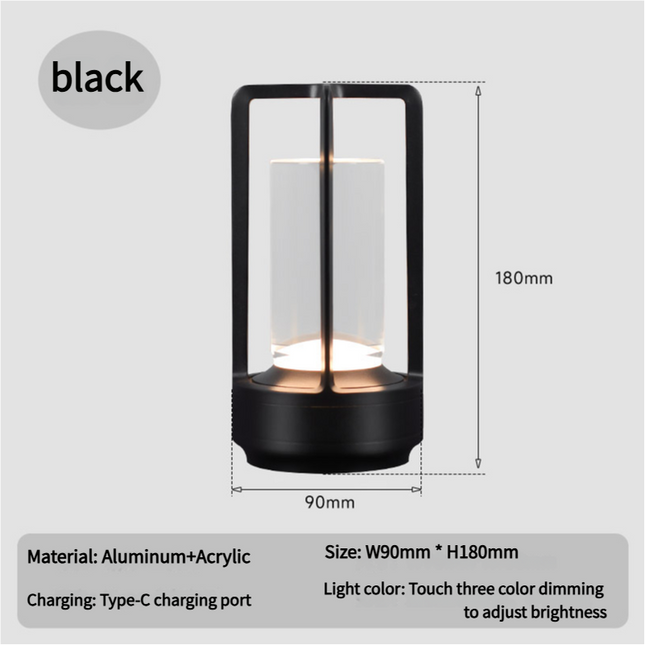 Black Rechargeable Table Lamp - Touch Dimming 3-Color LED Light for Bedroom and Office.