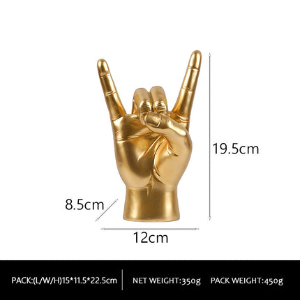Gold Right Hand Resin Rock and Roll Hand Figurine - Stylish Desk and Living Room Decor.