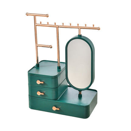 Elegant Green Jewelry Organizer with Mirror - Multi-Layer Storage & Display Stand (25x15x37.5cm).