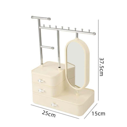 Elegant Cream Color Jewelry Organizer with Mirror - Multi-Layer Storage & Display Stand (25x15x37.5cm).