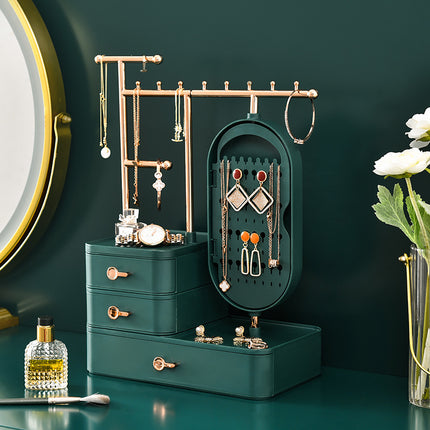 Elegant Cream Color Jewelry Organizer with Mirror - Multi-Layer Storage & Display Stand (25x15x37.5cm).