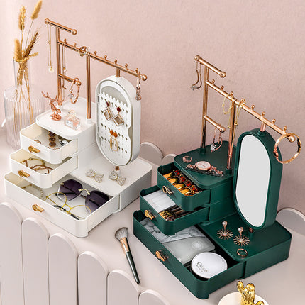 Elegant Cream Color Jewelry Organizer with Mirror - Multi-Layer Storage & Display Stand (25x15x37.5cm).
