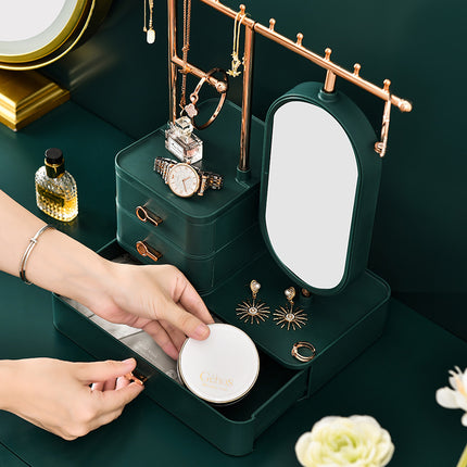 Elegant Cream Color Jewelry Organizer with Mirror - Multi-Layer Storage & Display Stand (25x15x37.5cm).