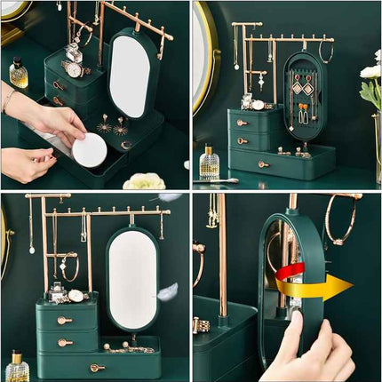 Elegant Cream Color Jewelry Organizer with Mirror - Multi-Layer Storage & Display Stand (25x15x37.5cm).