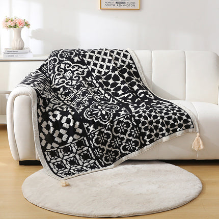 Bohemian Style Sofa Throw Blanket - Black Soft Faux Cashmere, 130x170cm (850g) for Office Naps & AC Cover.