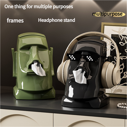 Black Versatile Desktop Headphone Stand & Tissue Box (23.5x17x14.5cm).