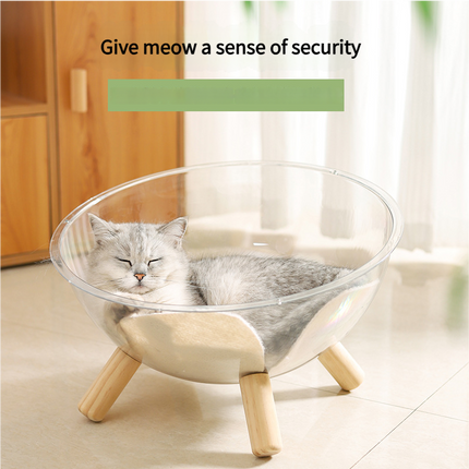 Luxury Transparent Cat Bed with Wooden Legs - Stylish Pet Nest.