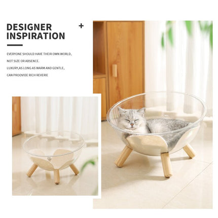 Luxury Transparent Cat Bed with Wooden Legs - Stylish Pet Nest.