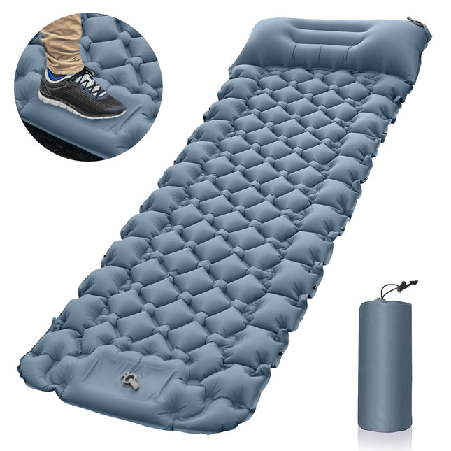 Grey Portable Outdoor Inflatable Mat - Foot-Operated Camping Sleeping Pad.