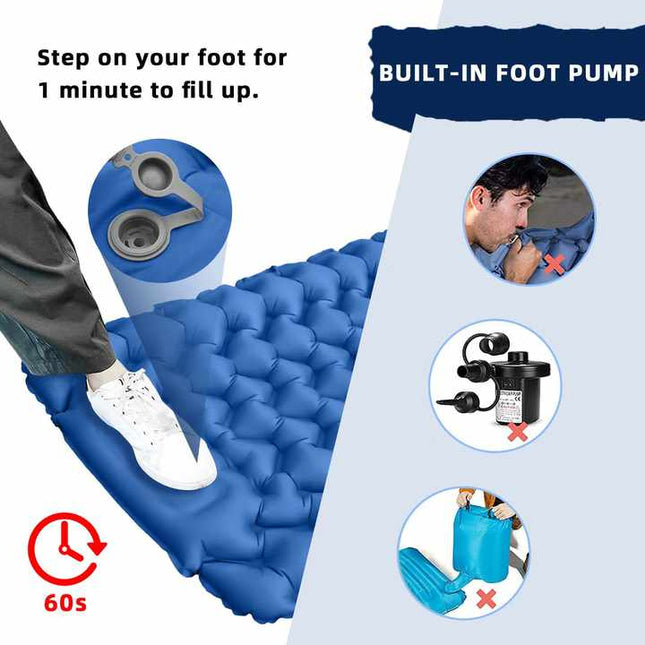 Grey Portable Outdoor Inflatable Mat - Foot-Operated Camping Sleeping Pad.