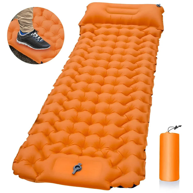 Orange Portable Outdoor Inflatable Mat - Foot-Operated Camping Sleeping Pad.