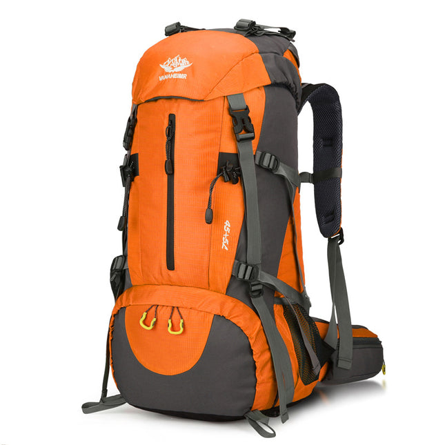 Orange 36-55L Outdoor Hiking Backpack - Durable Water Resistant Travel Bag for Trekking, Camping, and Adventure.