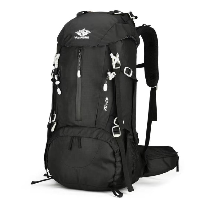 Black 36-55L Outdoor Hiking Backpack - Durable Water Resistant Travel Bag for Trekking, Camping, and Adventure.