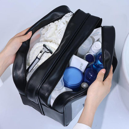 2PCS Dual-Layer Transparent PU Cosmetic Pouch - Wet and Dry Separation, Large size(31*15*20cm)- milk apricot white.