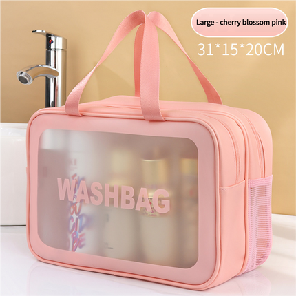 2PCS Dual-Layer Transparent PU Cosmetic Pouch - Wet and Dry Separation, Large size(31*15*20cm)- Pink.
