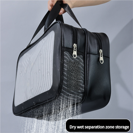2PCS Dual-Layer Transparent PU Cosmetic Pouch - Wet and Dry Separation, Large size(31*15*20cm)- Pink.