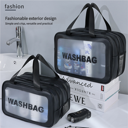 2PCS Dual-Layer Transparent PU Cosmetic Pouch - Wet and Dry Separation, Large size(31*15*20cm)- Pink.