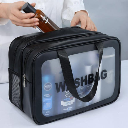 2PCS Dual-Layer Transparent PU Cosmetic Pouch - Wet and Dry Separation, Large size(31*15*20cm)- Pink.