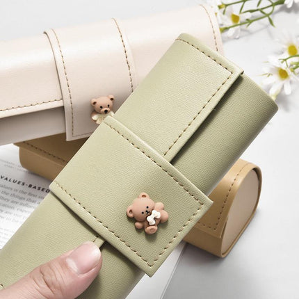 3 PCS Cute Bear PU Leather Glasses Case Large Capacity - Portable Protective Sunglasses Holder for Big Frames - Beige Eyewear Storage Box.