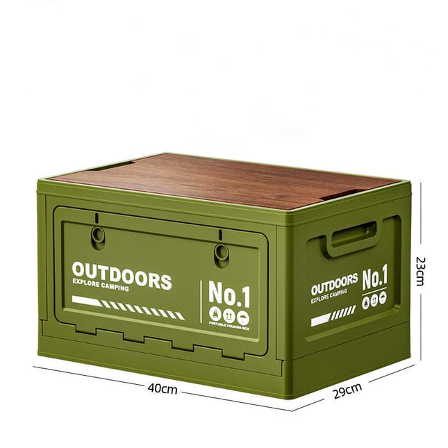 40cm Green Multifunctional Foldable Storage Box with Wooden Lid - Collapsible Outdoor Camping Crate, Stackable Home Organizer with Side-Opening Doors for Car Trunk, Picnic and Pantry.
