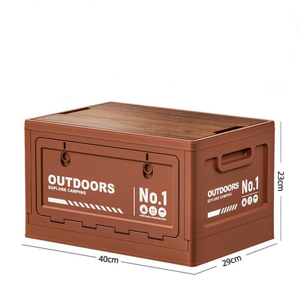 40cm Brown Multifunctional Foldable Storage Box with Wooden Lid - Collapsible Outdoor Camping Crate, Stackable Home Organizer with Side-Opening Doors for Car Trunk, Picnic and Pantry.