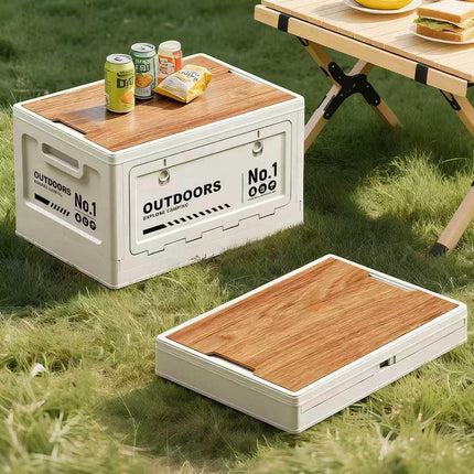 40cm Brown Multifunctional Foldable Storage Box with Wooden Lid - Collapsible Outdoor Camping Crate, Stackable Home Organizer with Side-Opening Doors for Car Trunk, Picnic and Pantry.