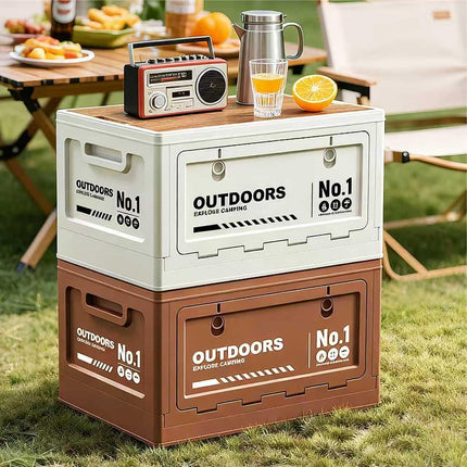 40cm Brown Multifunctional Foldable Storage Box with Wooden Lid - Collapsible Outdoor Camping Crate, Stackable Home Organizer with Side-Opening Doors for Car Trunk, Picnic and Pantry.