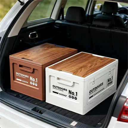 40cm Brown Multifunctional Foldable Storage Box with Wooden Lid - Collapsible Outdoor Camping Crate, Stackable Home Organizer with Side-Opening Doors for Car Trunk, Picnic and Pantry.