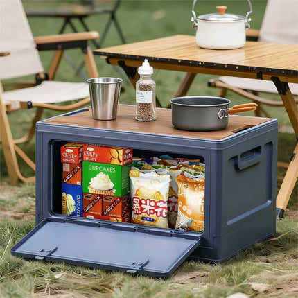 40cm Brown Multifunctional Foldable Storage Box with Wooden Lid - Collapsible Outdoor Camping Crate, Stackable Home Organizer with Side-Opening Doors for Car Trunk, Picnic and Pantry.