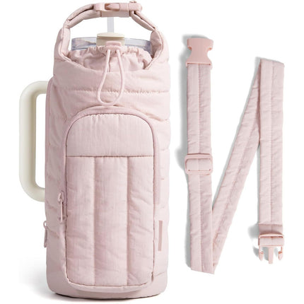 Light Pink Quilted Water Bottle Carrier Bag with Large Phone Pocket - Insulated Tumbler Pouch with Adjustable Shoulder Strap - Crossbody Water Bottle Holder for18oz to 64ozTumblers, Gym, and Travel.