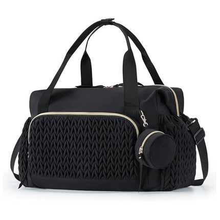 Black Large Quilted Diaper Bag Tote - Multi-functional Travel Baby Bag with Changing Pad and Pacifier Pouch - Stylish Hospital Bag for Labor and Delivery.