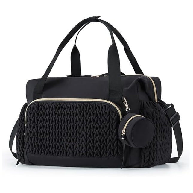 Black Large Quilted Diaper Bag Tote - Multi-functional Travel Baby Bag with Changing Pad and Pacifier Pouch - Stylish Hospital Bag for Labor and Delivery.