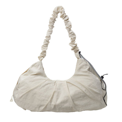 Beige Large Capacity Ruched Travel Duffel Bag - Stylish Yoga Mat Storage Shoulder Bag - Lightweight Gym Fitness Tote with Drawstring Detail for Weekend Getaways and Sports.
