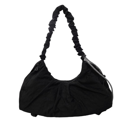 Black Large Capacity Ruched Travel Duffel Bag - Stylish Yoga Mat Storage Shoulder Bag - Lightweight Gym Fitness Tote with Drawstring Detail for Weekend Getaways and Sports.