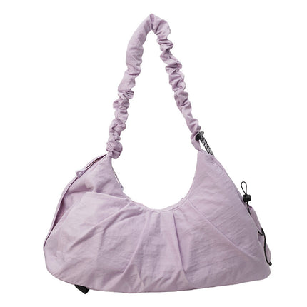 Purple Large Capacity Ruched Travel Duffel Bag - Stylish Yoga Mat Storage Shoulder Bag - Lightweight Gym Fitness Tote with Drawstring Detail for Weekend Getaways and Sports.