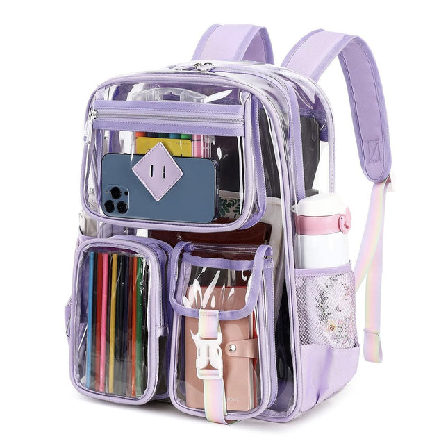 Heavy Duty Clear Transparent Backpack with Purple - Large Capacity PVC Bookbag for School, Stadium, and Gym - Fits 16-Inch Laptop, Binders and A4 Books.