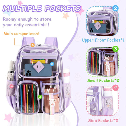 Heavy Duty Clear Transparent Backpack with Purple - Large Capacity PVC Bookbag for School, Stadium, and Gym - Fits 16-Inch Laptop, Binders and A4 Books.