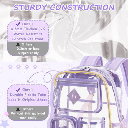 Heavy Duty Clear Transparent Backpack with Purple - Large Capacity PVC Bookbag for School, Stadium, and Gym - Fits 16-Inch Laptop, Binders and A4 Books.