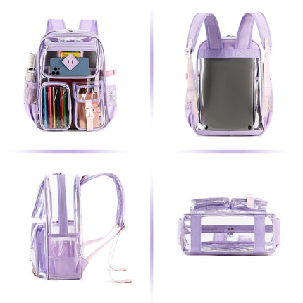 Heavy Duty Clear Transparent Backpack with Purple - Large Capacity PVC Bookbag for School, Stadium, and Gym - Fits 16-Inch Laptop, Binders and A4 Books.
