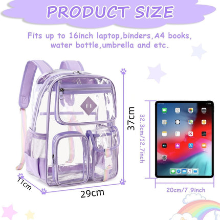 Heavy Duty Clear Transparent Backpack with Purple - Large Capacity PVC Bookbag for School, Stadium, and Gym - Fits 16-Inch Laptop, Binders and A4 Books.