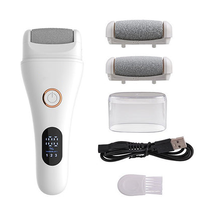 White Professional Electric Foot Callus Remover - Rechargeable Pedicure Tool with 3 Adjustable Speeds, Smart LED Display, and 3 Replaceable Grinding Heads for Smooth Feet.