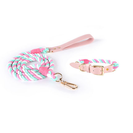 Pink Hand-Woven Rainbow Cotton Rope Dog Leash and Collar Set - Adjustable Veg-Tanned Leather Trim with Heavy Duty Metal Hardware - 150cm Training Lead and S Size Collar.