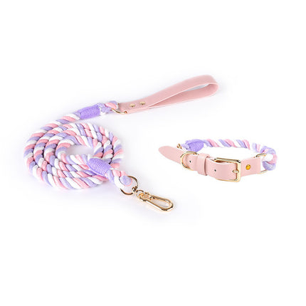 pink+purple Hand-Woven Rainbow Cotton Rope Dog Leash and Collar Set - Adjustable Veg-Tanned Leather Trim with Heavy Duty Metal Hardware - 150cm Training Lead and S Size Collar.
