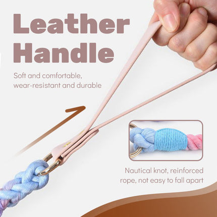 pink+purple Hand-Woven Rainbow Cotton Rope Dog Leash and Collar Set - Adjustable Veg-Tanned Leather Trim with Heavy Duty Metal Hardware - 150cm Training Lead and S Size Collar.