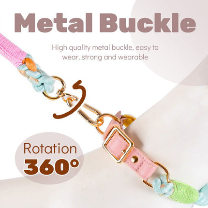pink+purple Hand-Woven Rainbow Cotton Rope Dog Leash and Collar Set - Adjustable Veg-Tanned Leather Trim with Heavy Duty Metal Hardware - 150cm Training Lead and S Size Collar.