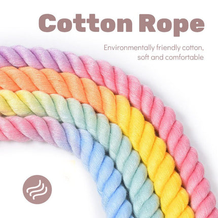 pink+purple Hand-Woven Rainbow Cotton Rope Dog Leash and Collar Set - Adjustable Veg-Tanned Leather Trim with Heavy Duty Metal Hardware - 150cm Training Lead and S Size Collar.