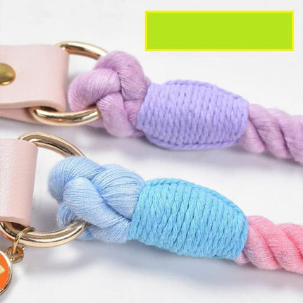 pink+purple Hand-Woven Rainbow Cotton Rope Dog Leash and Collar Set - Adjustable Veg-Tanned Leather Trim with Heavy Duty Metal Hardware - 150cm Training Lead and S Size Collar.